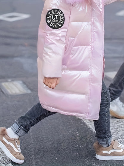 Youngsters' Cozy Pink & Purple Winter Jacket - Windproof, Warm with Detachable Faux Fur Hood, Zip-Up Long Parka for Boys & Girls - Perfect Winter Gift