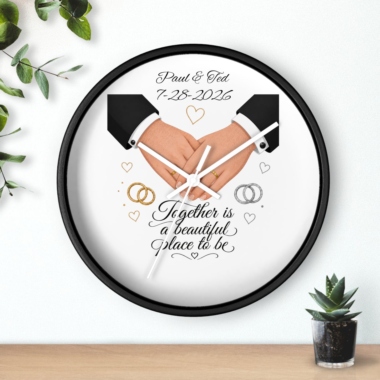 Handfasted Grooms Holding Hands Wall Clock | Wedding Rings, Personalized Date