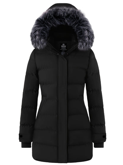 Multiple Pocket Solid Thicken Midi Padded Coat wantdo Women's Winter Puffer Parka Fashion Casual Classic Outdoor Hiking Travel Quilted Jacket Polyester Shell Faux Fur Detachable Hooded Overcoat Long Sleeve Two-way Zipper Yout