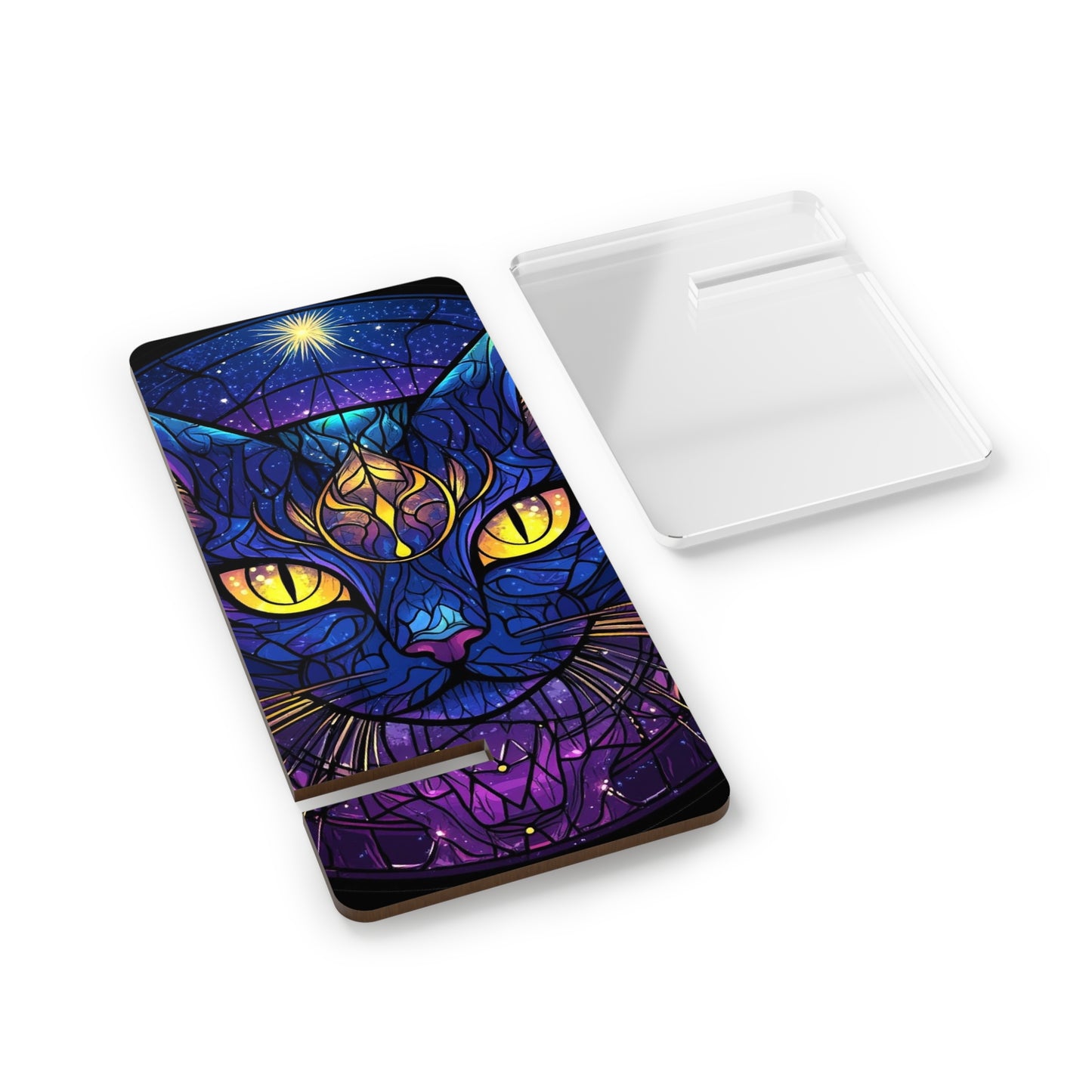 Stained Glass Cat Phone Stand, Colorful Yellow Eyed Cell Holder, Smartphone Display Dock, Black Cat Desk Organizer, Cute Kitty Tech