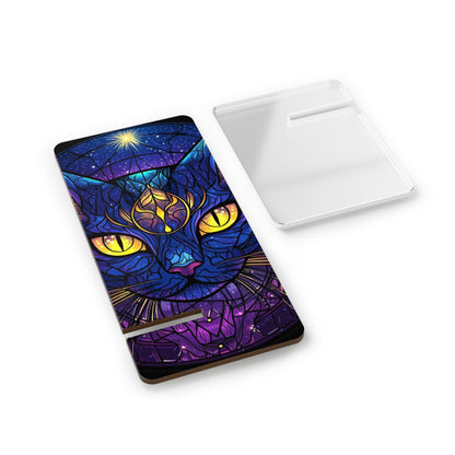 Stained Glass Cat Phone Stand, Colorful Yellow Eyed Cell Holder, Smartphone Display Dock, Black Cat Desk Organizer, Cute Kitty Tech