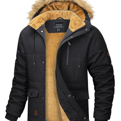 [S-2XL/4COLORS] Men'S Fleece Lined Parka Jacket Hooded Jacket Ribbed-knit Cuffs Warm Winter Coat Premium Level Shell Thicken Fur Jackets Windproof Coats Drawstring Convenient For Daily Life Or Outdoor Activities