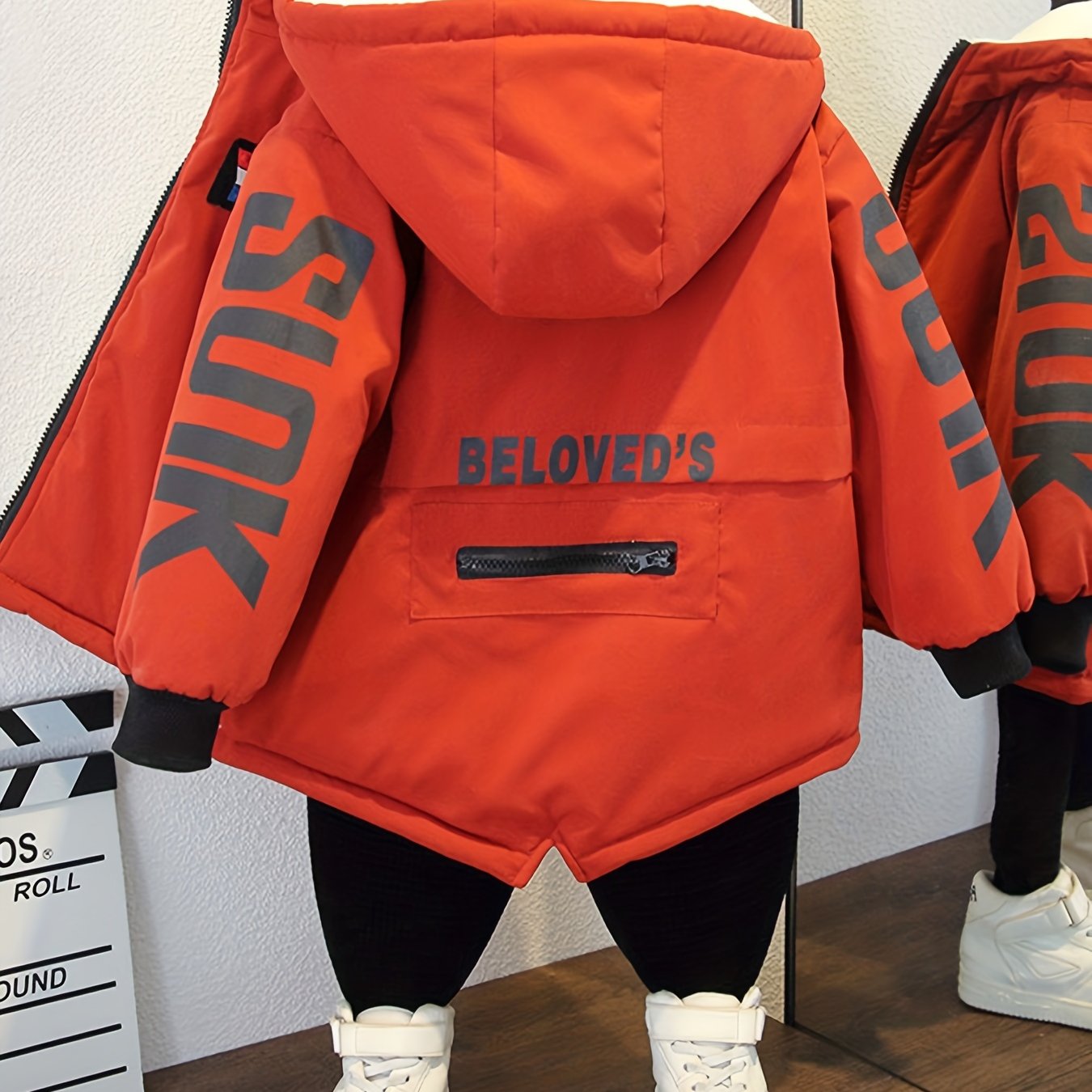 Boys' Cozy Fleece-Lined Hooded Parka Jacket - Warm Winter Outerwear with "Beloved's" Graphic, Orange Casual Style, Zip-Up Front, Long Sleeves, Loose Fit for Fall/Winter, Winter Jacket