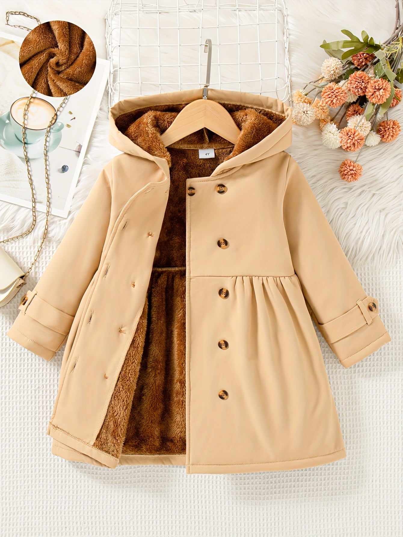Xuanyusi Girls' Casual Fashion Solid Color Double-Breasted Long Sleeve Hooded Jacket, Polar Fleece for Autumn and Winter, Autumn Jacket, Winter Coat, Classic Style, Hooded Design, Soft Material, Durable Construction, Fleeceli