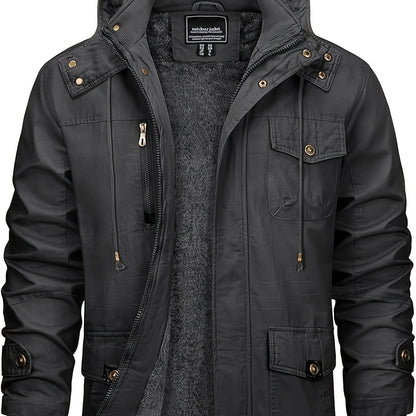 Men's Winter Windproof Full-Zip Jacket with & Detachable Hood - Heavy-Duty Multi-Pocket Parka Coat Suitable for Outdoor,, - Machine Washable Warm Jacket