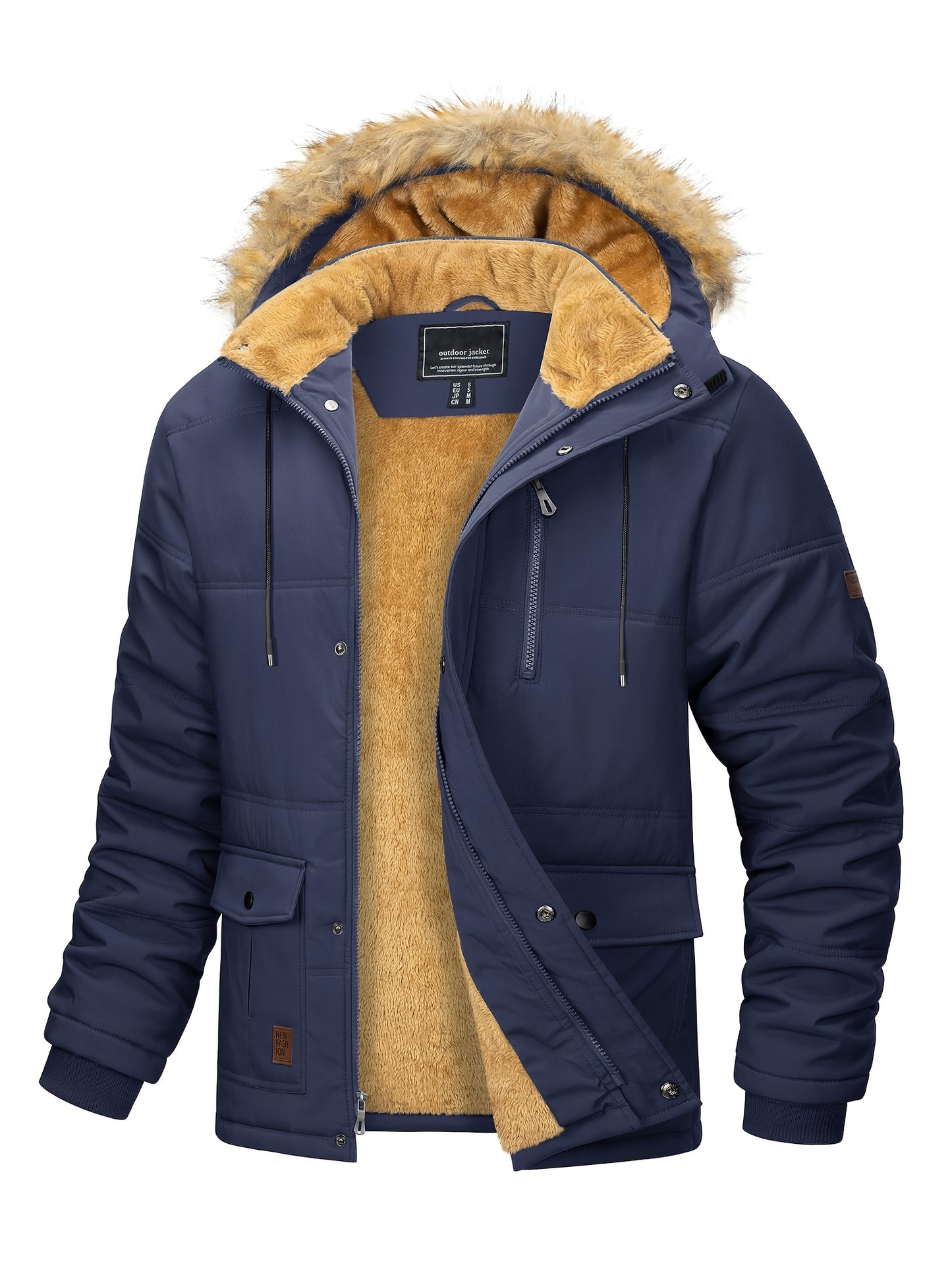 [S-2XL/4COLORS] Men'S Fleece Lined Parka Jacket Hooded Jacket Ribbed-knit Cuffs Warm Winter Coat Premium Level Shell Thicken Fur Jackets Windproof Coats Drawstring Convenient For Daily Life Or Outdoor Activities