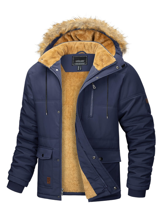 [S-2XL/4COLORS] Men'S Fleece Lined Parka Jacket Hooded Jacket Ribbed-knit Cuffs Warm Winter Coat Premium Level Shell Thicken Fur Jackets Windproof Coats Drawstring Convenient For Daily Life Or Outdoor Activities