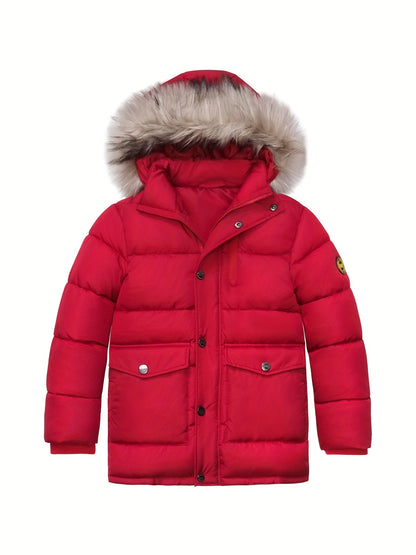 Thick Padded Girls Teens Furry Hooded Windproof Parka Coat with Pockets, Zipper Long Sleeve Winter Jacket