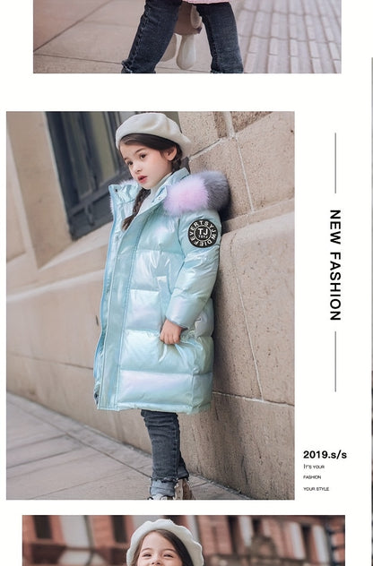 Youngsters' Cozy Pink & Purple Winter Jacket - Windproof, Warm with Detachable Faux Fur Hood, Zip-Up Long Parka for Boys & Girls - Perfect Winter Gift