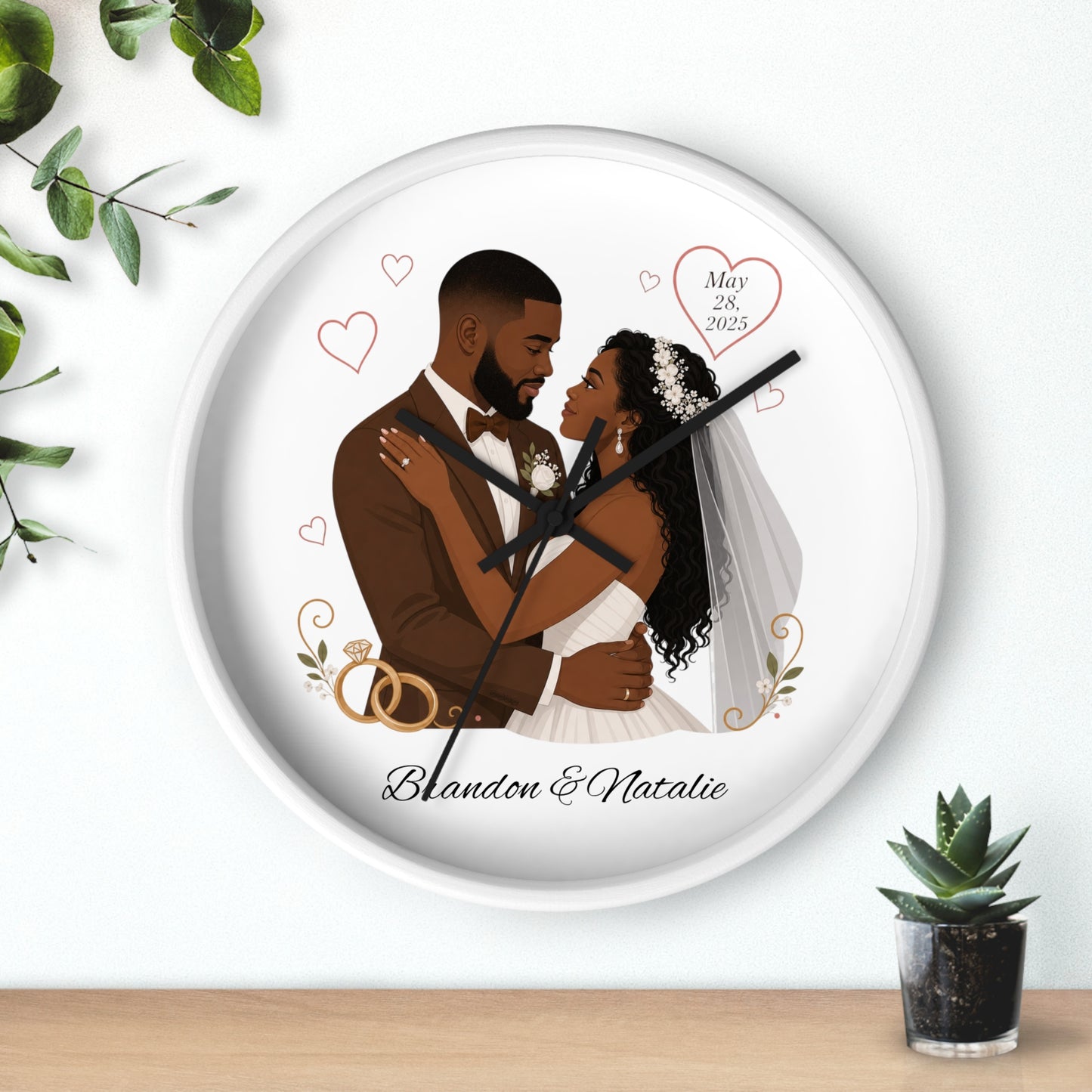 Bride and Groom Wedding Illustration Wall Clock | Personalized Names & Date