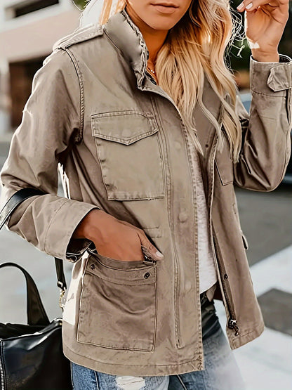 Womens Military Anorak Jacket - Zip Up Snap Button Parka Safari Utility Coat Outwear with Pockets - Durable Water-Resistant Fabric - For Outdoor Activities & Casual Wear - Perfect Gift for Adventurers & Fashionistas