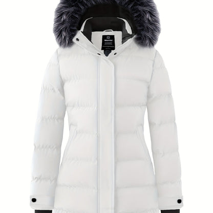 Multiple Pocket Solid Thicken Midi Padded Coat wantdo Women's Winter Puffer Parka Fashion Casual Classic Outdoor Hiking Travel Quilted Jacket Polyester Shell Faux Fur Detachable Hooded Overcoat Long Sleeve Two-way Zipper Yout