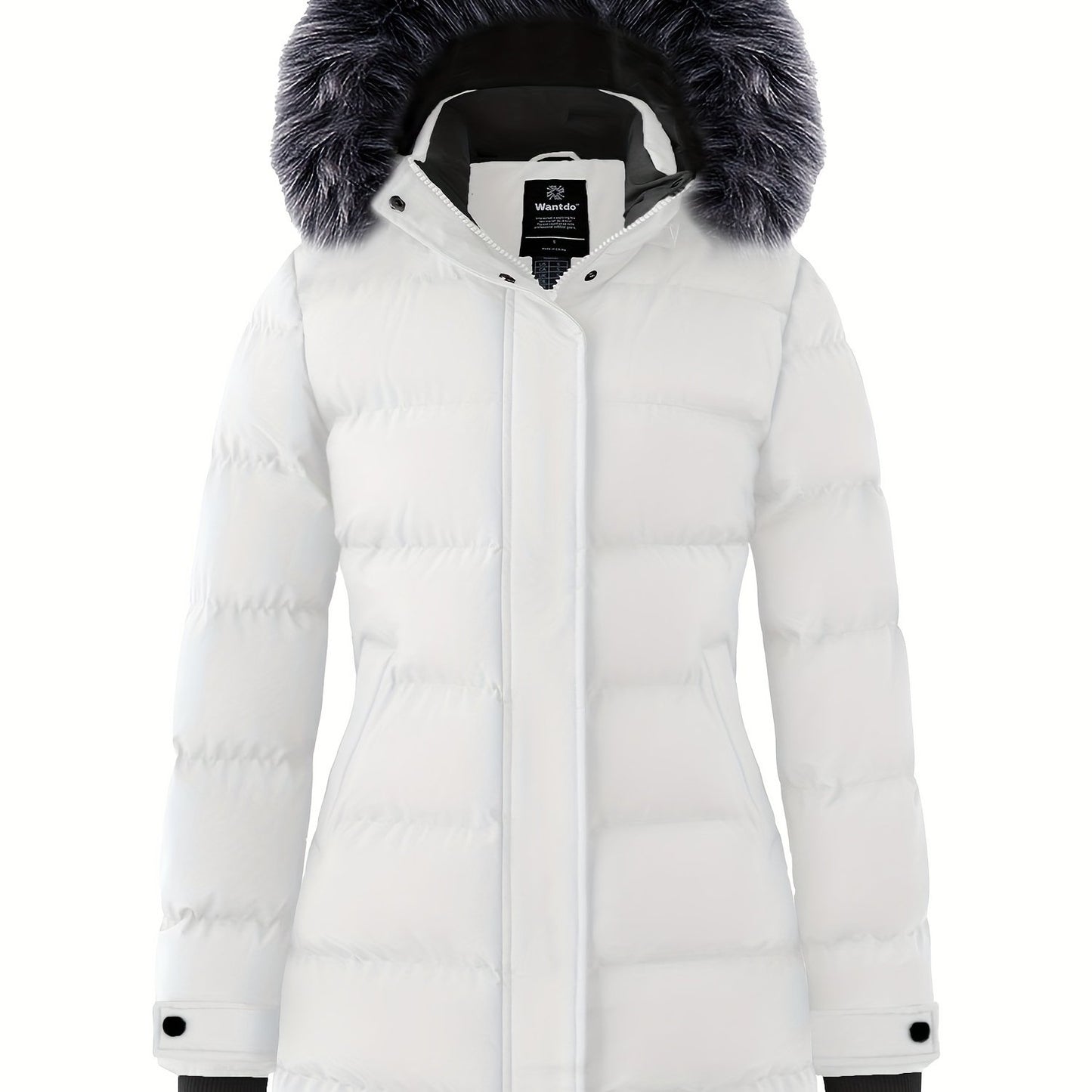 Multiple Pocket Solid Thicken Midi Padded Coat wantdo Women's Winter Puffer Parka Fashion Casual Classic Outdoor Hiking Travel Quilted Jacket Polyester Shell Faux Fur Detachable Hooded Overcoat Long Sleeve Two-way Zipper Yout