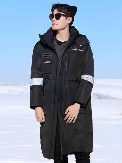 Unisex Casual Oxford Fabric Hooded Down Coat with Pockets, Long Over-the-Knee Style, Solid Color with Non-Stretch Fabric, Polyester Lining, Regular Fit Duck Down Insulation - Fashionable Longline Winter Parka