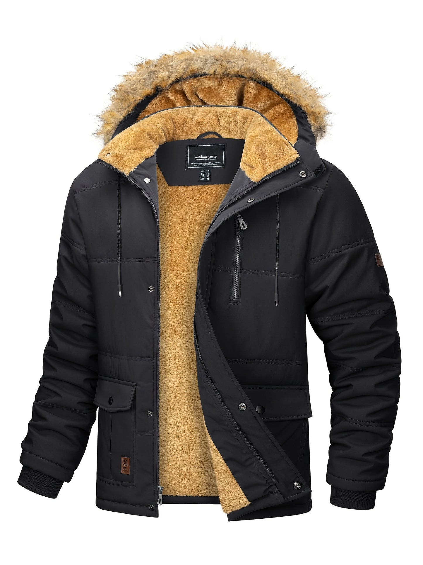 [S-2XL/4COLORS] Men'S Fleece Lined Parka Jacket Hooded Jacket Ribbed-knit Cuffs Warm Winter Coat Premium Level Shell Thicken Fur Jackets Windproof Coats Drawstring Convenient For Daily Life Or Outdoor Activities