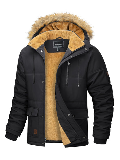 [S-2XL/4COLORS] Men'S Fleece Lined Parka Jacket Hooded Jacket Ribbed-knit Cuffs Warm Winter Coat Premium Level Shell Thicken Fur Jackets Windproof Coats Drawstring Convenient For Daily Life Or Outdoor Activities