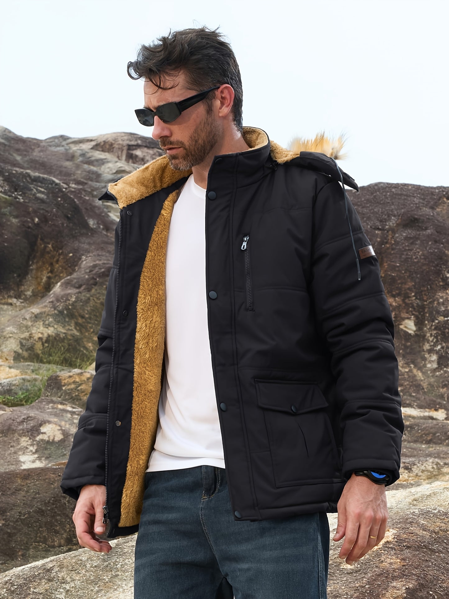 [S-2XL/4COLORS] Men'S Fleece Lined Parka Jacket Hooded Jacket Ribbed-knit Cuffs Warm Winter Coat Premium Level Shell Thicken Fur Jackets Windproof Coats Drawstring Convenient For Daily Life Or Outdoor Activities