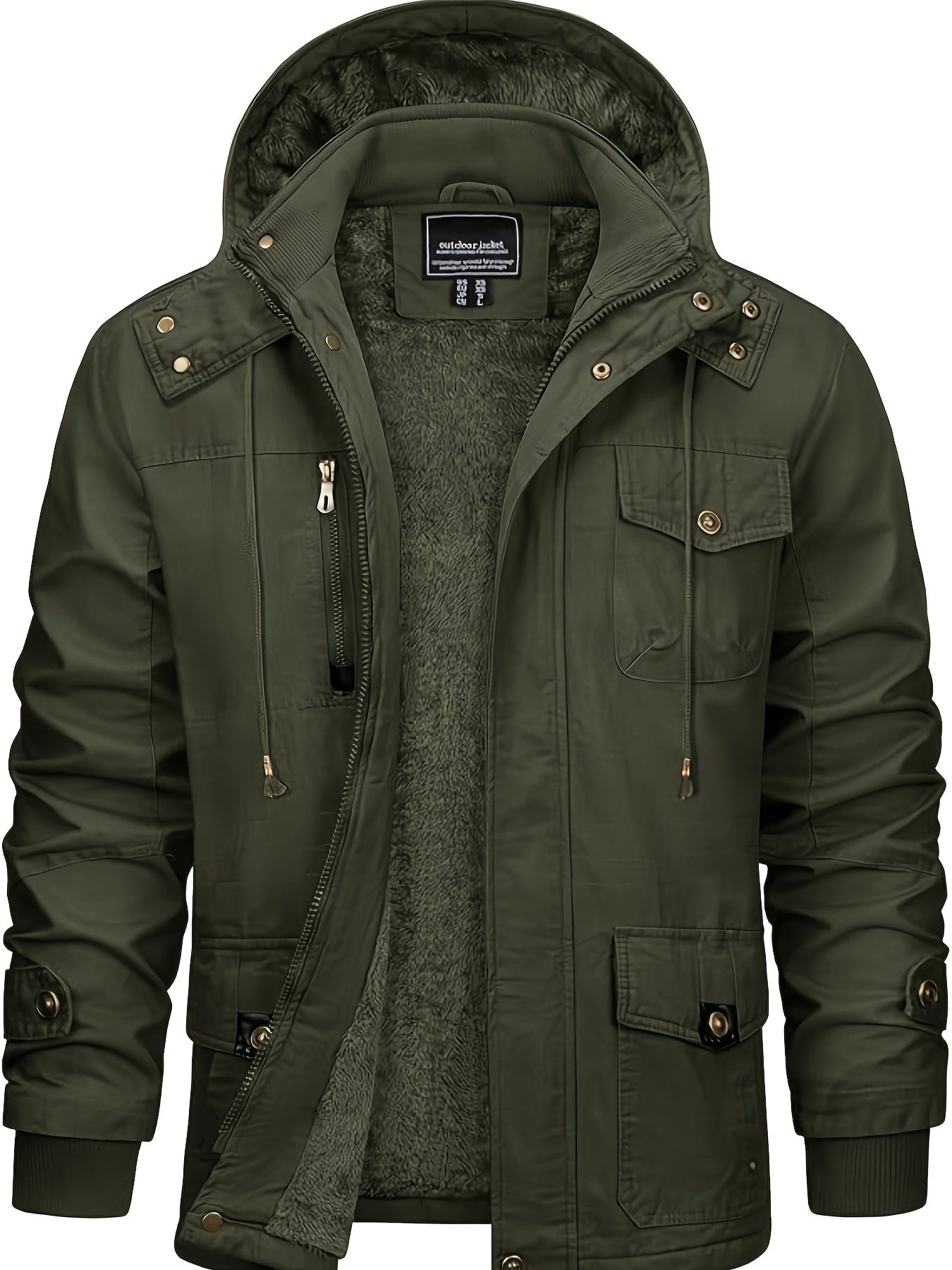 Men's Winter Windproof Full-Zip Jacket with & Detachable Hood - Heavy-Duty Multi-Pocket Parka Coat Suitable for Outdoor,, - Machine Washable Warm Jacket