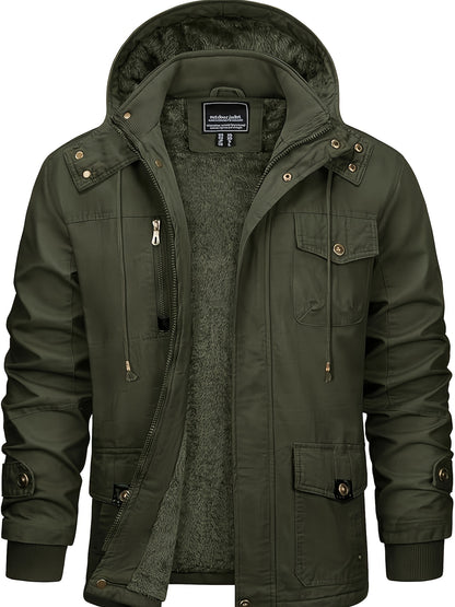 Men's Winter Windproof Full-Zip Jacket with & Detachable Hood - Heavy-Duty Multi-Pocket Parka Coat Suitable for Outdoor,, - Machine Washable Warm Jacket