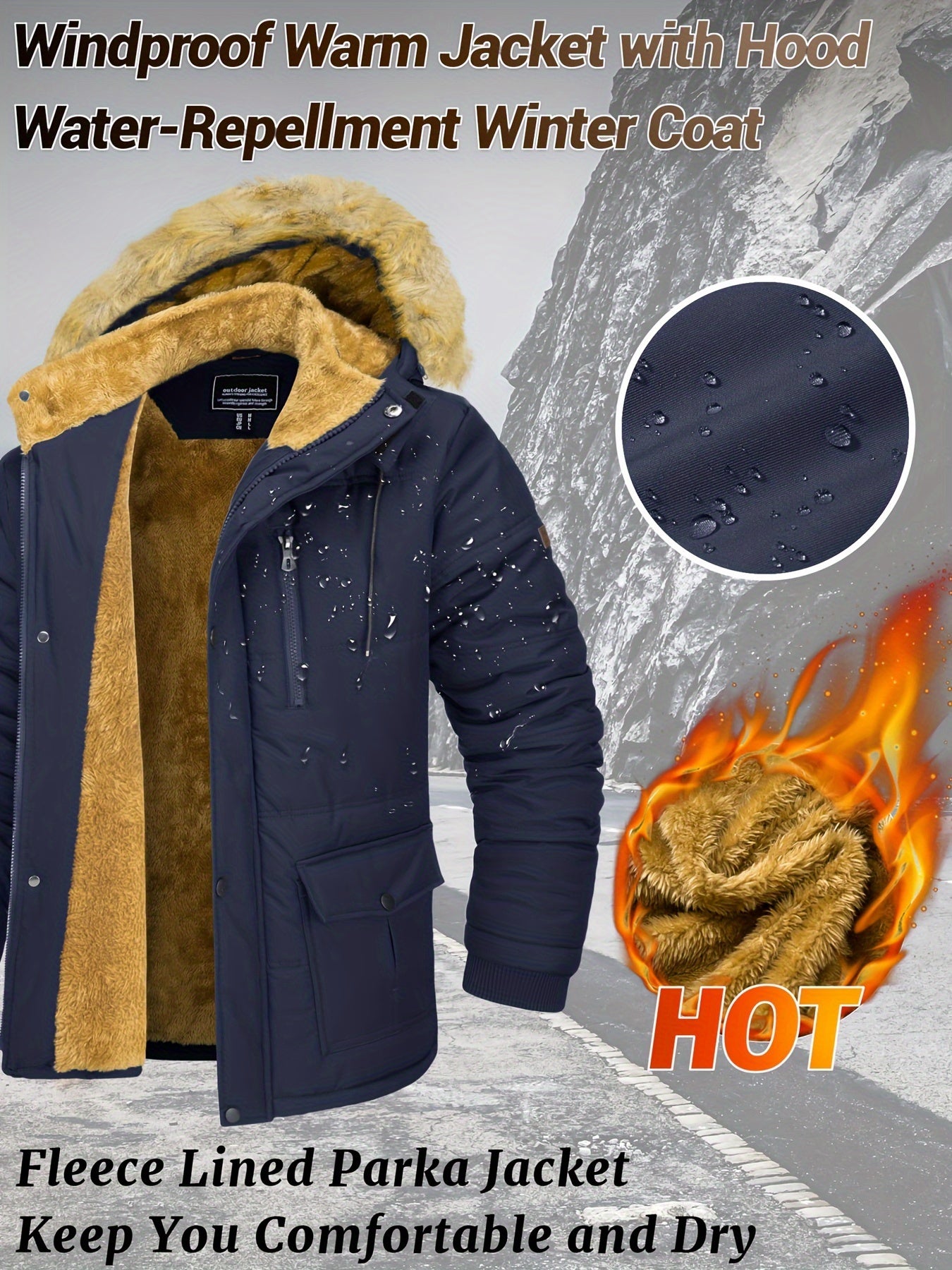 [S-2XL/4COLORS] Men'S Fleece Lined Parka Jacket Hooded Jacket Ribbed-knit Cuffs Warm Winter Coat Premium Level Shell Thicken Fur Jackets Windproof Coats Drawstring Convenient For Daily Life Or Outdoor Activities