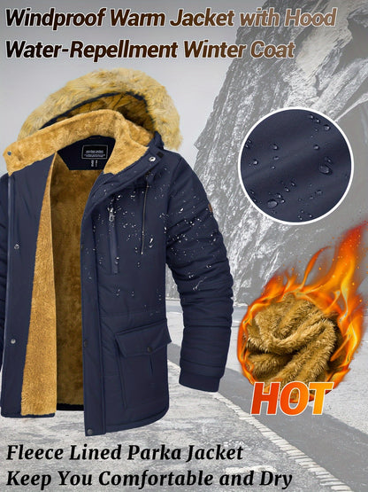 [S-2XL/4COLORS] Men'S Fleece Lined Parka Jacket Hooded Jacket Ribbed-knit Cuffs Warm Winter Coat Premium Level Shell Thicken Fur Jackets Windproof Coats Drawstring Convenient For Daily Life Or Outdoor Activities