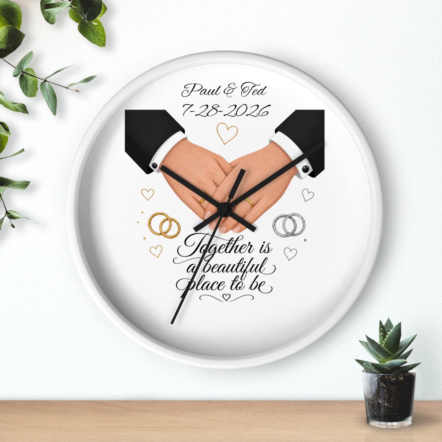 Handfasted Grooms Holding Hands Wall Clock | Wedding Rings, Personalized Date