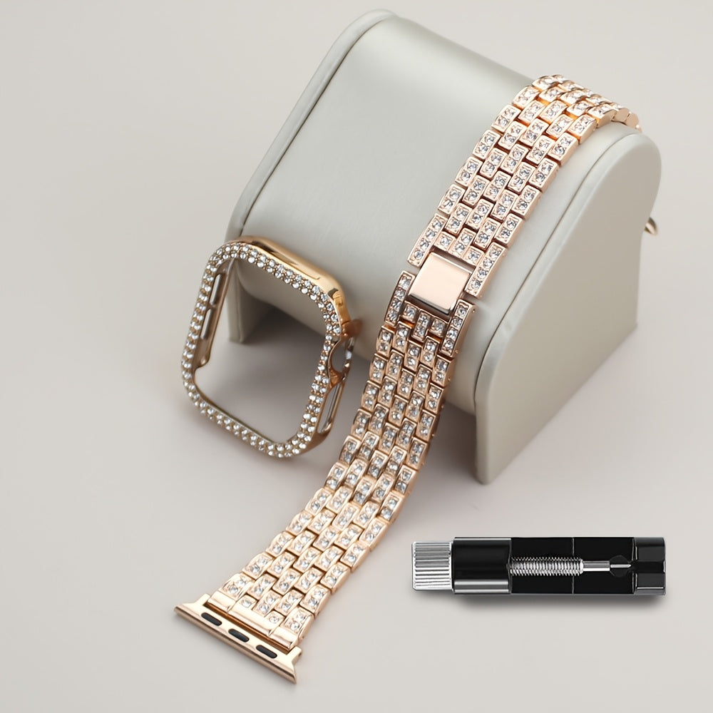 2-in-1 Strap + Hollow Shell Compatible with Apple Watch Straps 38mm 40mm 41mm 42mm 44mm 45mm 46mm+ Case, Women'S Jewelry Sparkling Rhinestone Replacement Metal Strap and 2pcs PC Protective Cover, Untempered Glass Film, Suitab