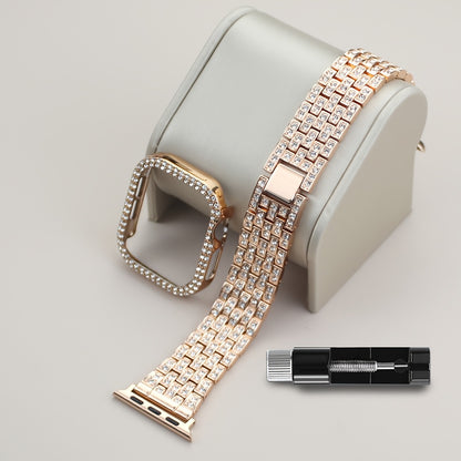 2-in-1 Strap + Hollow Shell Compatible with Apple Watch Straps 38mm 40mm 41mm 42mm 44mm 45mm 46mm+ Case, Women'S Jewelry Sparkling Rhinestone Replacement Metal Strap and 2pcs PC Protective Cover, Untempered Glass Film, Suitab