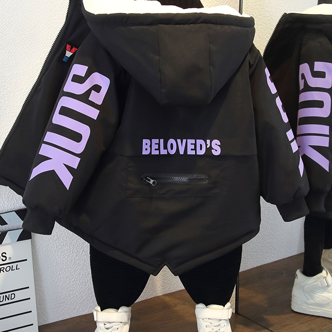 Boys' Cozy Fleece-Lined Hooded Parka Jacket - Warm Winter Outerwear with "Beloved's" Graphic, Orange Casual Style, Zip-Up Front, Long Sleeves, Loose Fit for Fall/Winter, Winter Jacket