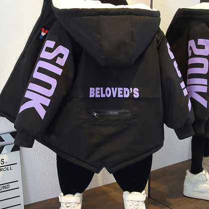 Boys' Cozy Fleece-Lined Hooded Parka Jacket - Warm Winter Outerwear with "Beloved's" Graphic, Orange Casual Style, Zip-Up Front, Long Sleeves, Loose Fit for Fall/Winter, Winter Jacket