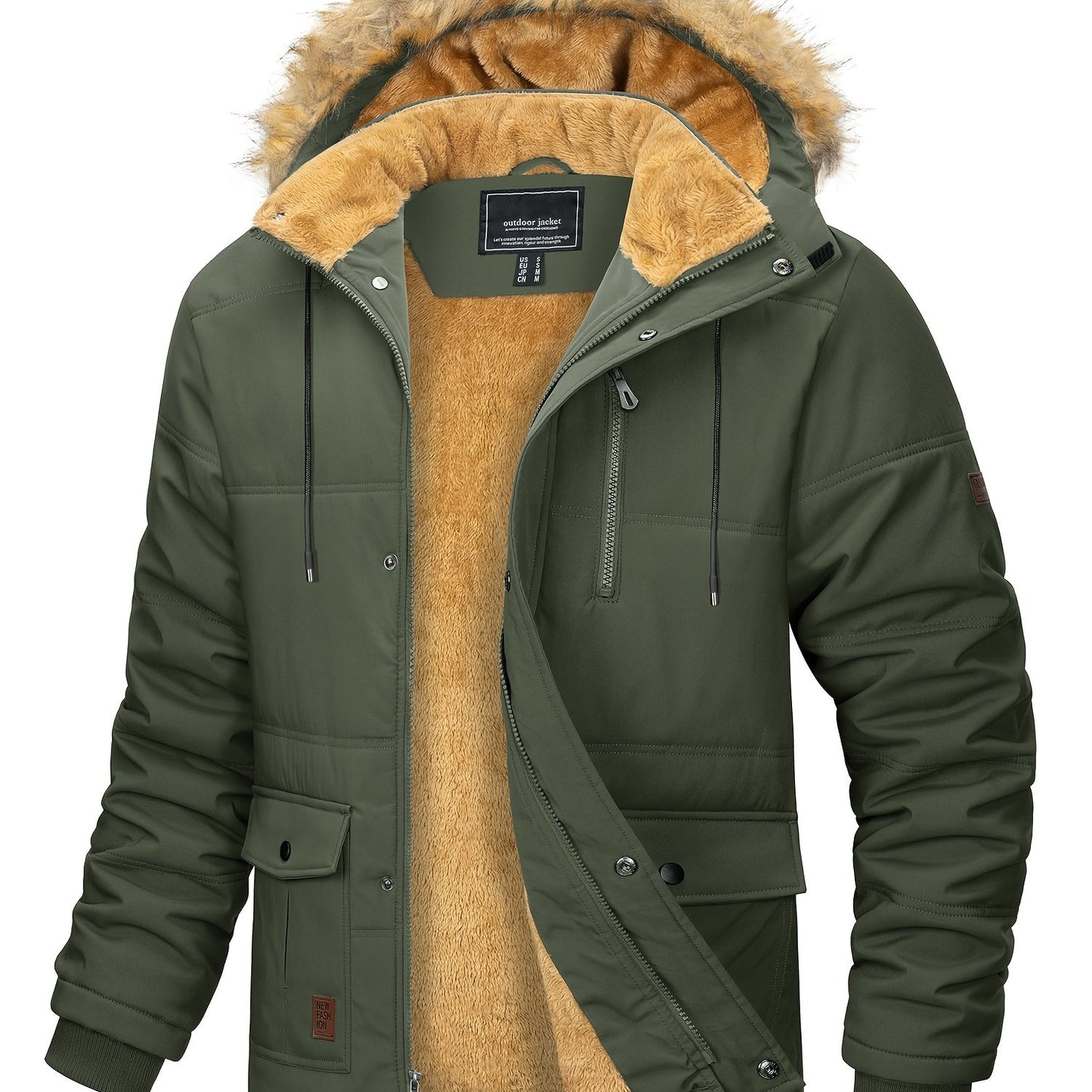 [S-2XL/4COLORS] Men'S Fleece Lined Parka Jacket Hooded Jacket Ribbed-knit Cuffs Warm Winter Coat Premium Level Shell Thicken Fur Jackets Windproof Coats Drawstring Convenient For Daily Life Or Outdoor Activities