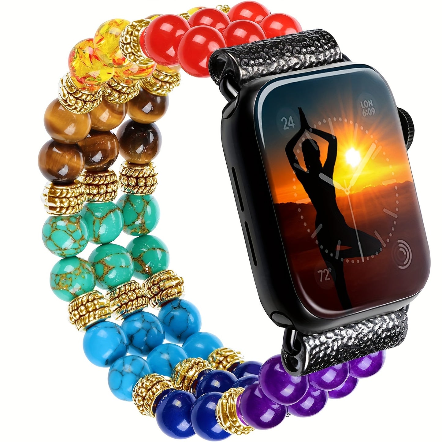 7 Natural Stone Chakras Apple Watch Bands for Women, 7 Chakra Healing Beaded Band with Stainless Steel Adapter, Compatible with iWatch Series SE 6 5 4 3 2 1 (38mm, 40mm, 42mm, 44mm)