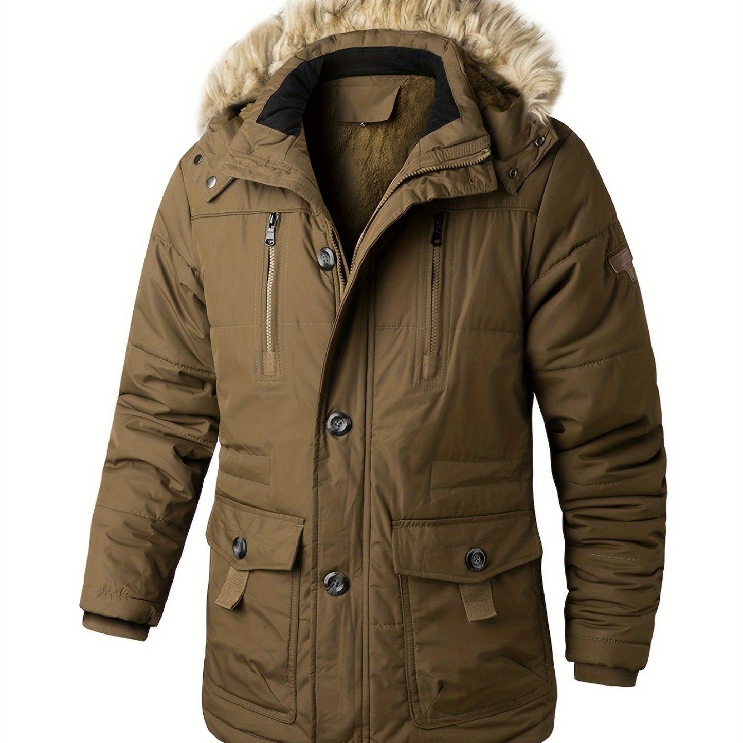 Plus Velvet Thick Warm Wool Collar Men's Mid-length Jacket Coat, Casual Parka