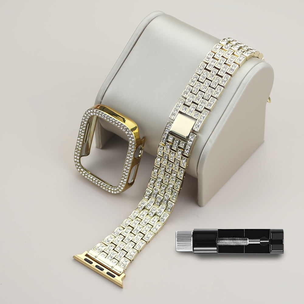 2-in-1 Strap + Hollow Shell Compatible with Apple Watch Straps 38mm 40mm 41mm 42mm 44mm 45mm 46mm+ Case, Women'S Jewelry Sparkling Rhinestone Replacement Metal Strap and 2pcs PC Protective Cover, Untempered Glass Film, Suitab