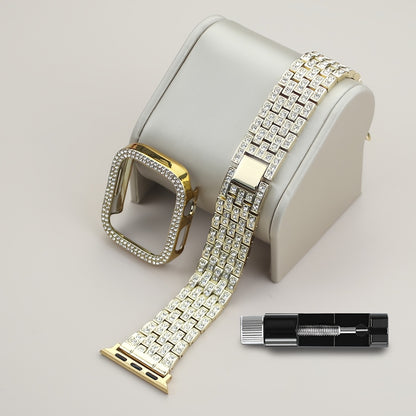 2-in-1 Strap + Hollow Shell Compatible with Apple Watch Straps 38mm 40mm 41mm 42mm 44mm 45mm 46mm+ Case, Women'S Jewelry Sparkling Rhinestone Replacement Metal Strap and 2pcs PC Protective Cover, Untempered Glass Film, Suitab