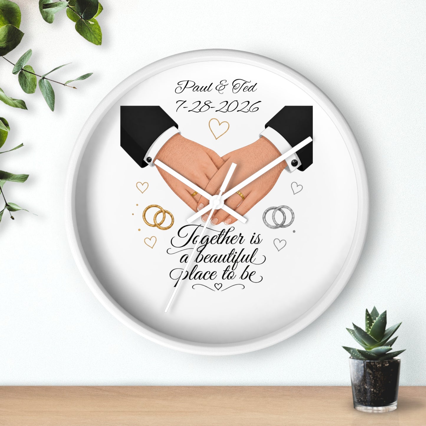 Handfasted Grooms Holding Hands Wall Clock | Wedding Rings, Personalized Date