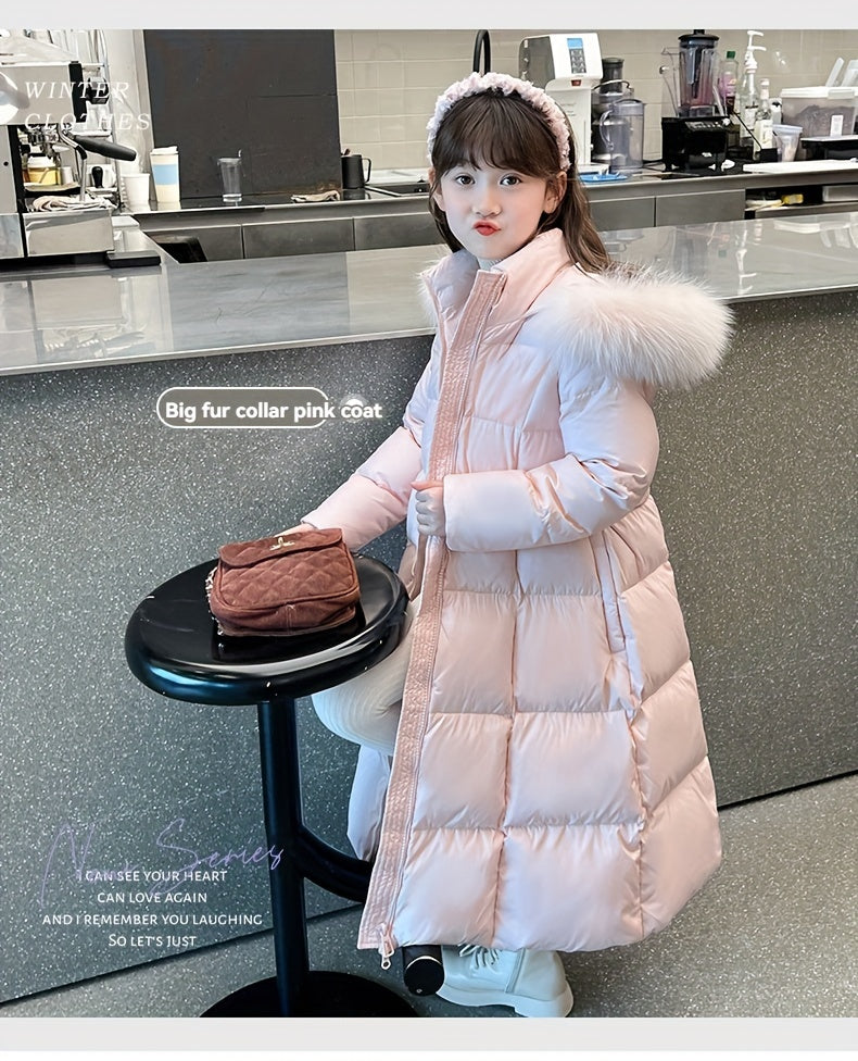 Elegant Long-Length Hooded Parka for Girls, Winter Slim Fit Puffer Coat with Belt, 100% Polyester Composition, Non-Stretch Solid Color with Flared Hem, Regular Sleeve - Kid's Outerwear