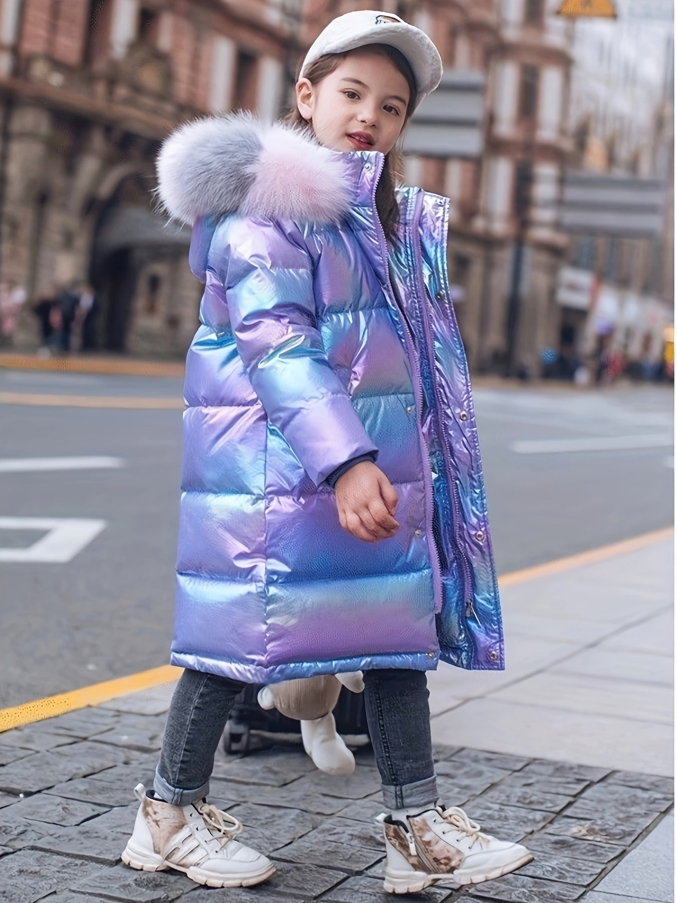 Youngsters' Cozy Pink & Purple Winter Jacket - Windproof, Warm with Detachable Faux Fur Hood, Zip-Up Long Parka for Boys & Girls - Perfect Winter Gift