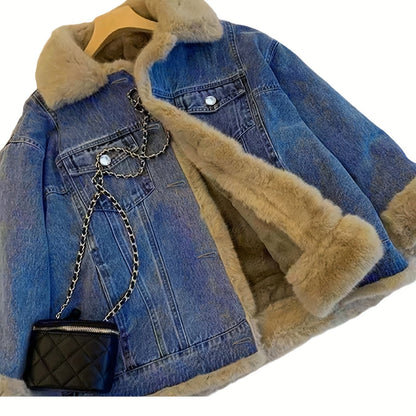 2025 Autumn And Winter Women'S Jacket Retro Plush Denim Jacket Casual Loose Thickened Casual Parka