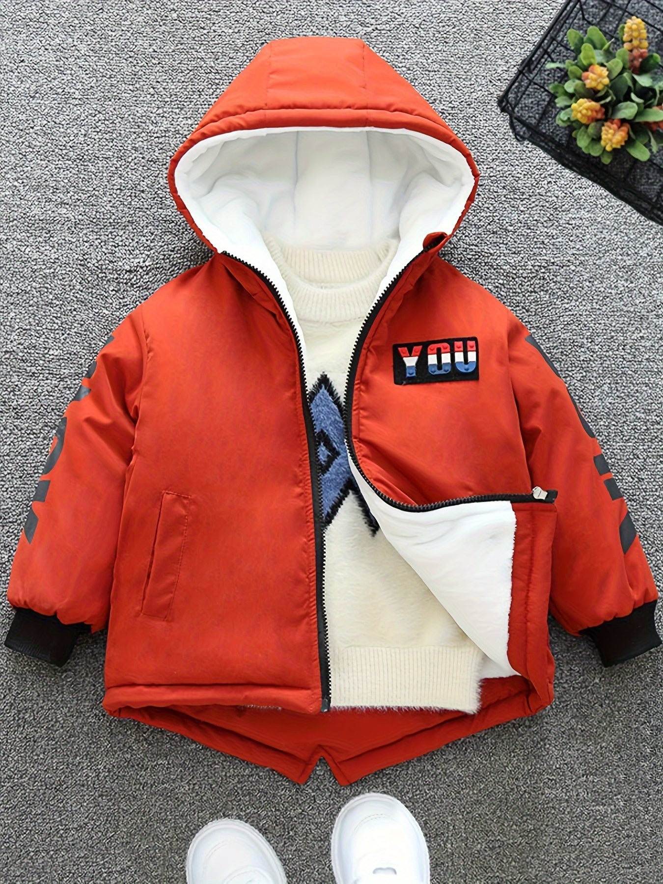 Boys' Cozy Fleece-Lined Hooded Parka Jacket - Warm Winter Outerwear with "Beloved's" Graphic, Orange Casual Style, Zip-Up Front, Long Sleeves, Loose Fit for Fall/Winter, Winter Jacket