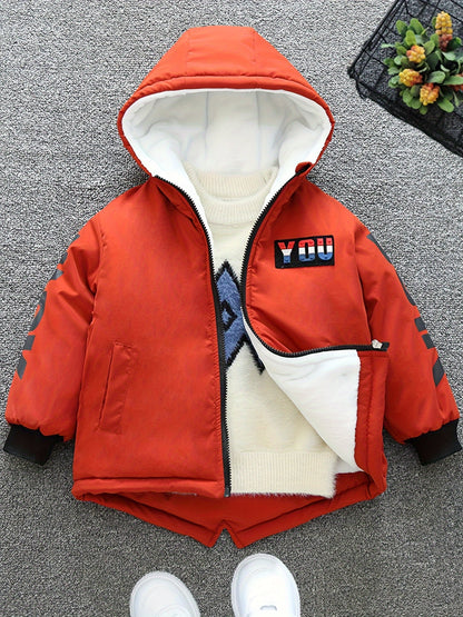Boys' Cozy Fleece-Lined Hooded Parka Jacket - Warm Winter Outerwear with "Beloved's" Graphic, Orange Casual Style, Zip-Up Front, Long Sleeves, Loose Fit for Fall/Winter, Winter Jacket