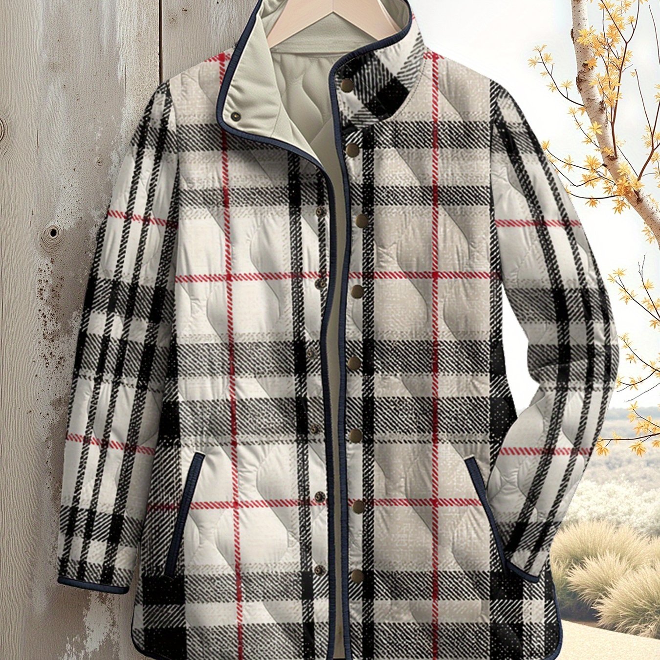 Plus Size - Women'S Plus Size Winter 2025 Thickened Padded Coat - Oversized Loose Fit Plaid & Stripe Digital Print Jacket, All-Season Warm Parka with Front Button Closure, Red/ Casual Outerwear for Cold Weather & Everyday Use