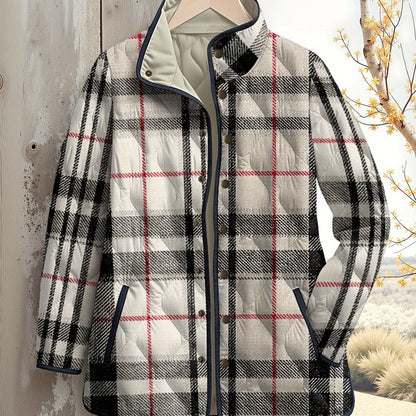 Plus Size - Women'S Plus Size Winter 2025 Thickened Padded Coat - Oversized Loose Fit Plaid & Stripe Digital Print Jacket, All-Season Warm Parka with Front Button Closure, Red/ Casual Outerwear for Cold Weather & Everyday Use