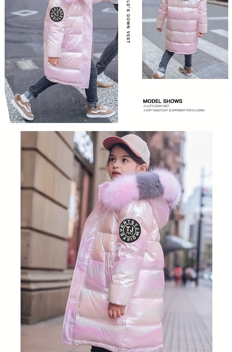 Youngsters' Cozy Pink & Purple Winter Jacket - Windproof, Warm with Detachable Faux Fur Hood, Zip-Up Long Parka for Boys & Girls - Perfect Winter Gift