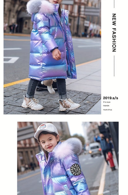 Youngsters' Cozy Pink & Purple Winter Jacket - Windproof, Warm with Detachable Faux Fur Hood, Zip-Up Long Parka for Boys & Girls - Perfect Winter Gift