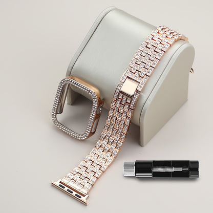 2-in-1 Strap + Hollow Shell Compatible with Apple Watch Straps 38mm 40mm 41mm 42mm 44mm 45mm 46mm+ Case, Women'S Jewelry Sparkling Rhinestone Replacement Metal Strap and 2pcs PC Protective Cover, Untempered Glass Film, Suitab