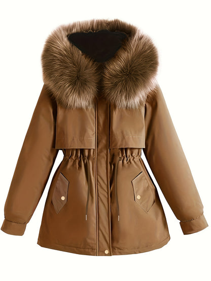 Plus-Size Parka Coat with a Furry Collar, Cinched Waist, And Thick Insulation for Warmth.