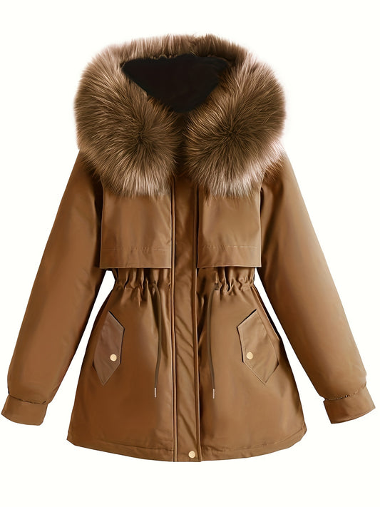 Plus-Size Parka Coat with a Furry Collar, Cinched Waist, And Thick Insulation for Warmth.