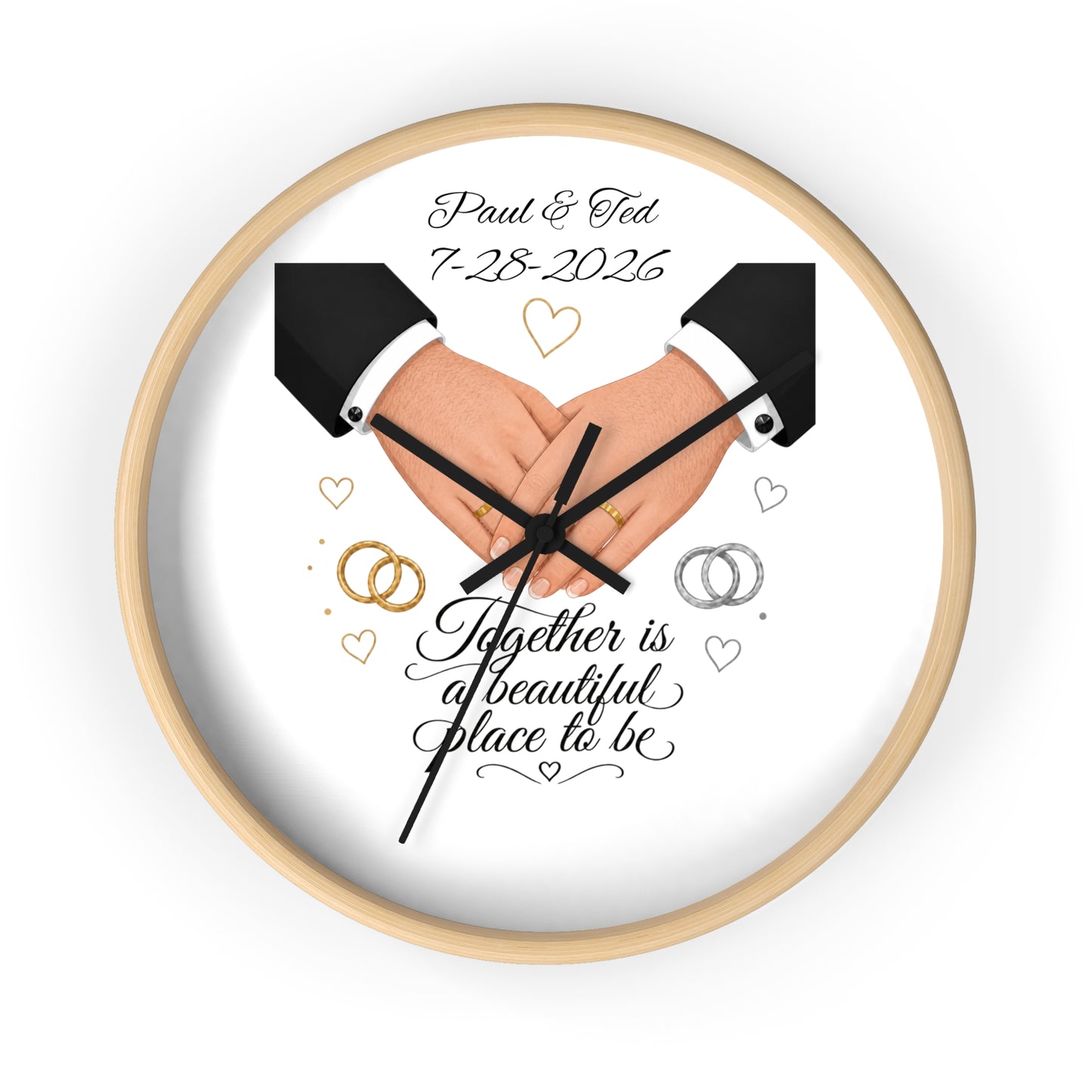 Handfasted Grooms Holding Hands Wall Clock | Wedding Rings, Personalized Date