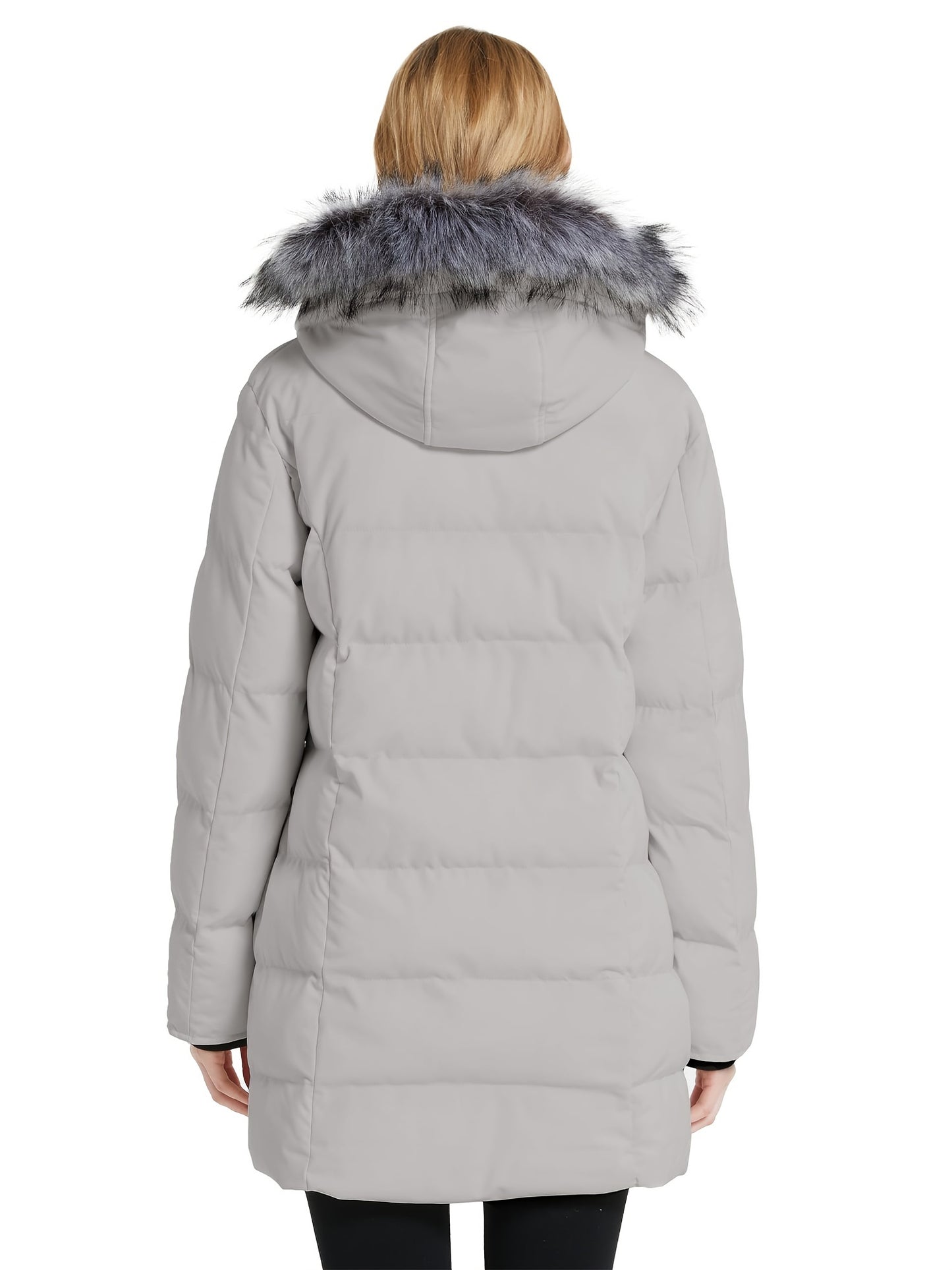 Multiple Pocket Solid Thicken Midi Padded Coat wantdo Women's Winter Puffer Parka Fashion Casual Classic Outdoor Hiking Travel Quilted Jacket Polyester Shell Faux Fur Detachable Hooded Overcoat Long Sleeve Two-way Zipper Yout